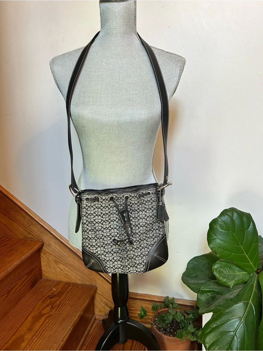 Coach Black and Gray Signature Drawstring Crossbody